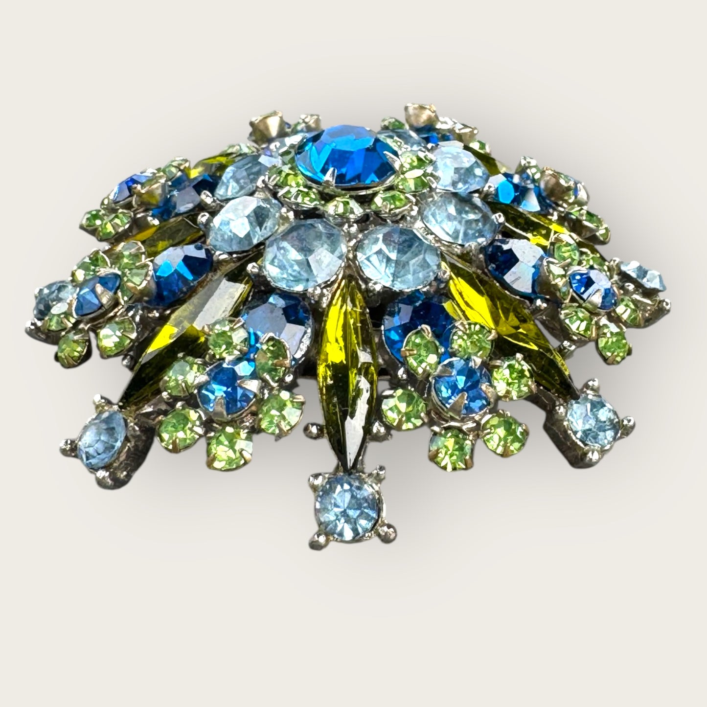 Vintage Layered Domed Starburst Rhinestone Brooch with Uranium Glass  Silvertone