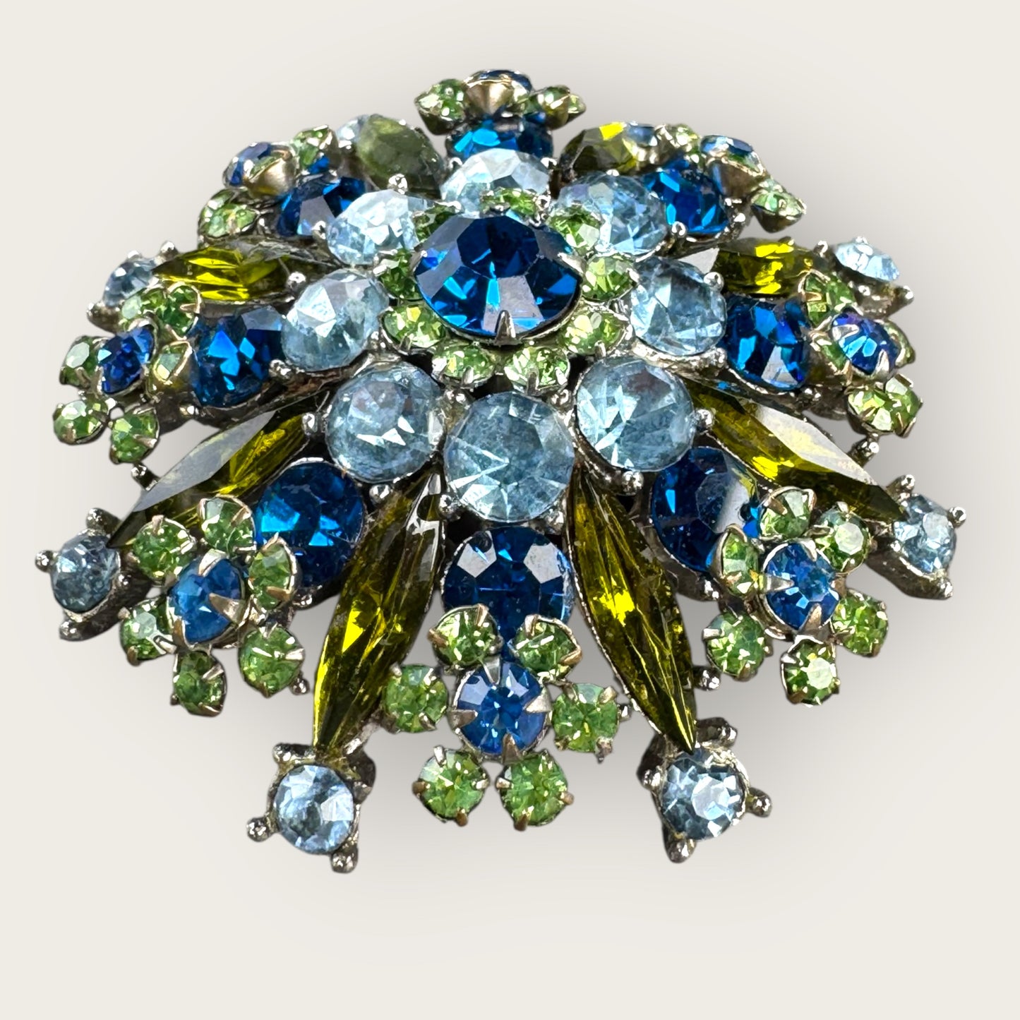 Vintage Layered Domed Starburst Rhinestone Brooch with Uranium Glass  Silvertone