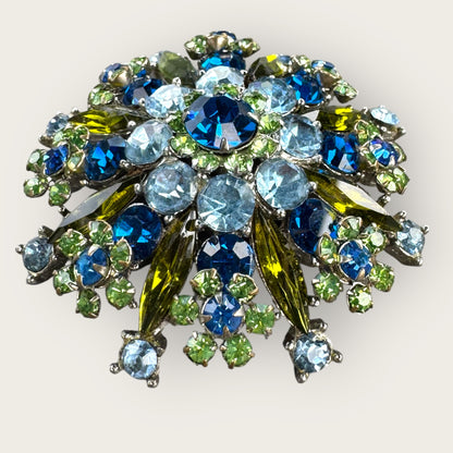 Vintage Layered Domed Starburst Rhinestone Brooch with Uranium Glass  Silvertone
