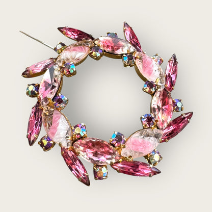 Vintage Pink Rhinestone Wreath Brooch with Satin Glass Navettes and Aurora Borealis Accents