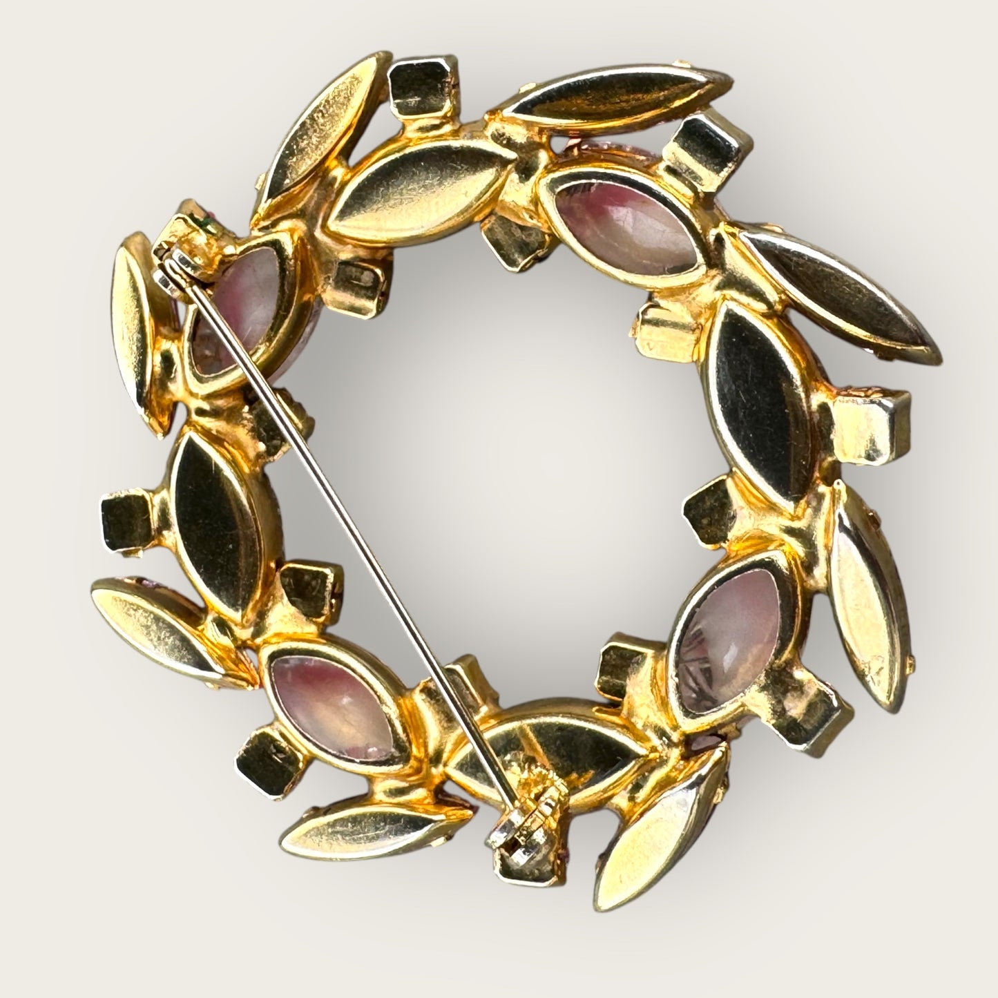 Vintage Pink Rhinestone Wreath Brooch with Satin Glass Navettes and Aurora Borealis Accents