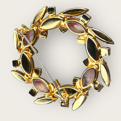 Vintage Pink Rhinestone Wreath Brooch with Satin Glass Navettes and Aurora Borealis Accents