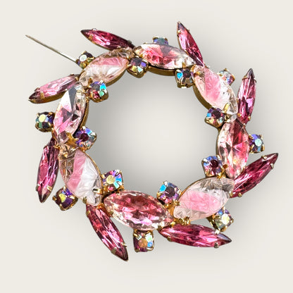 Vintage Pink Rhinestone Wreath Brooch with Satin Glass Navettes and Aurora Borealis Accents
