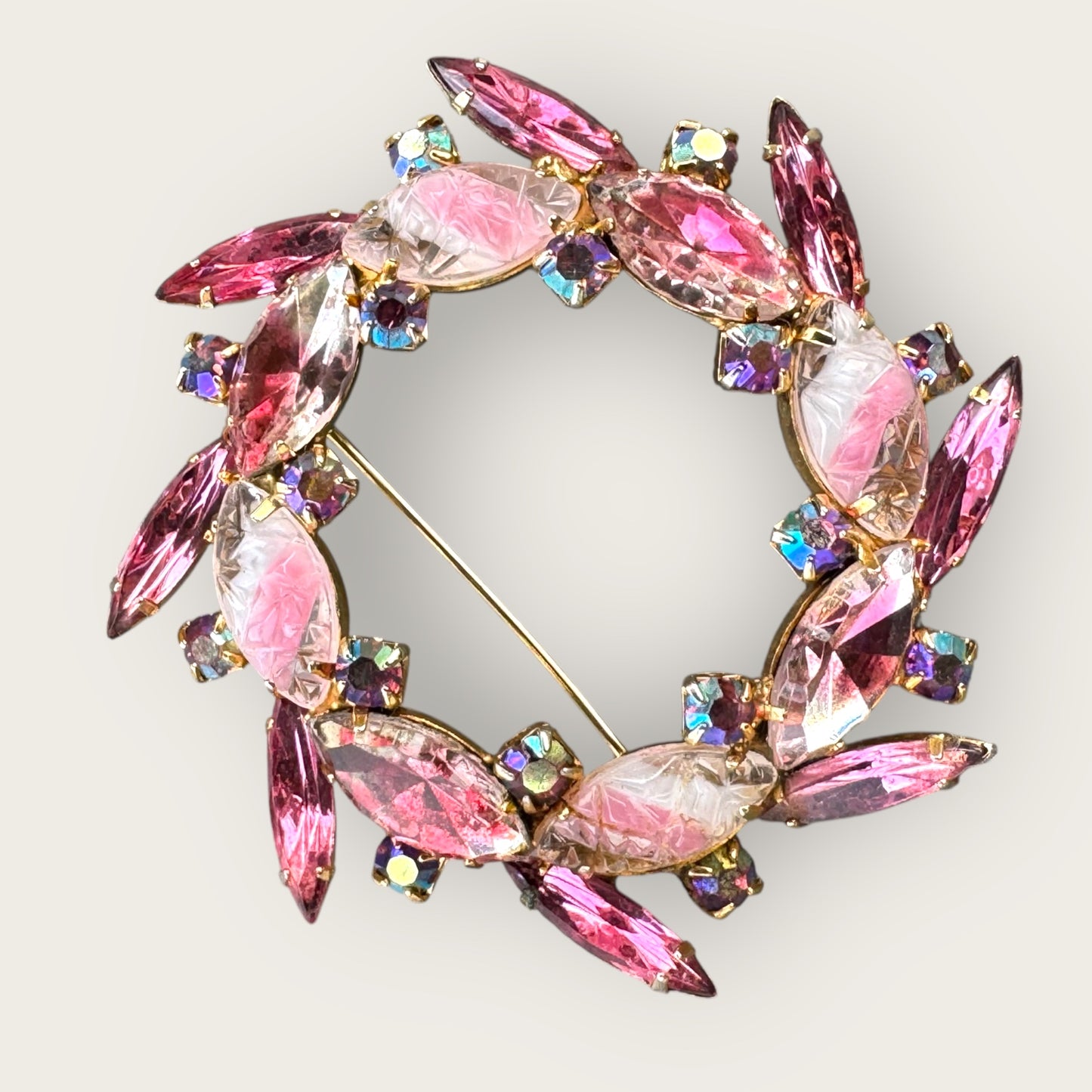 Vintage Pink Rhinestone Wreath Brooch with Satin Glass Navettes and Aurora Borealis Accents