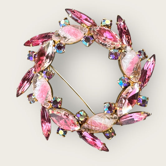 Vintage Pink Rhinestone Wreath Brooch with Satin Glass Navettes and Aurora Borealis Accents