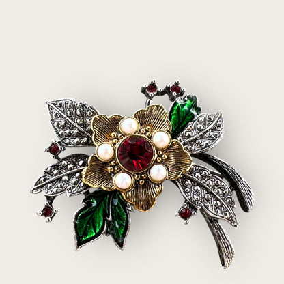 Vintage Avon Floral Brooch and Earrings Set – Gold Tone with Enamel, Faux Pearls, and Ruby Red Stones