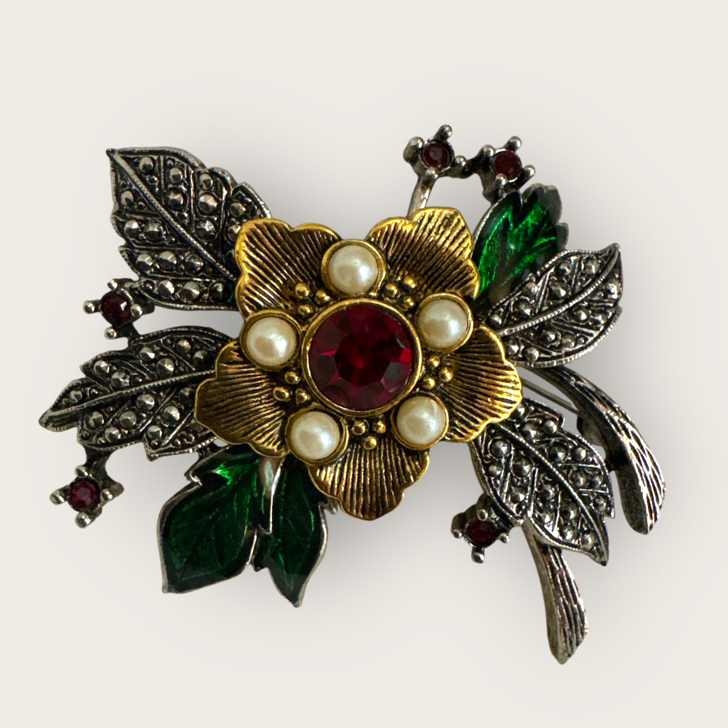 Vintage Avon Floral Brooch and Earrings Set – Gold Tone with Enamel, Faux Pearls, and Ruby Red Stones