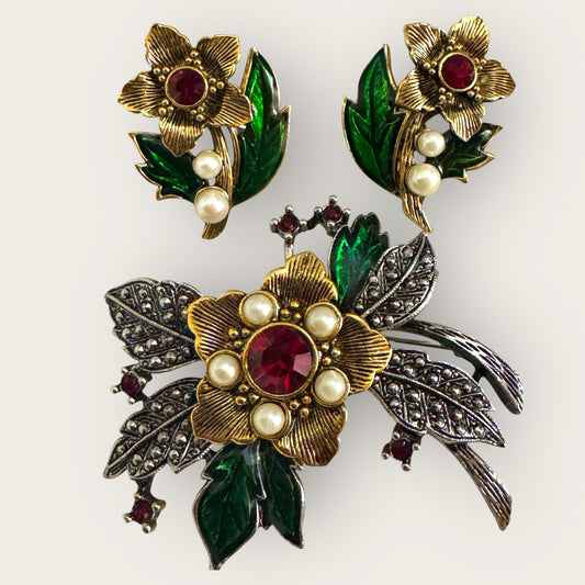 Vintage Avon Floral Brooch and Earrings Set – Gold Tone with Enamel, Faux Pearls, and Ruby Red Stones