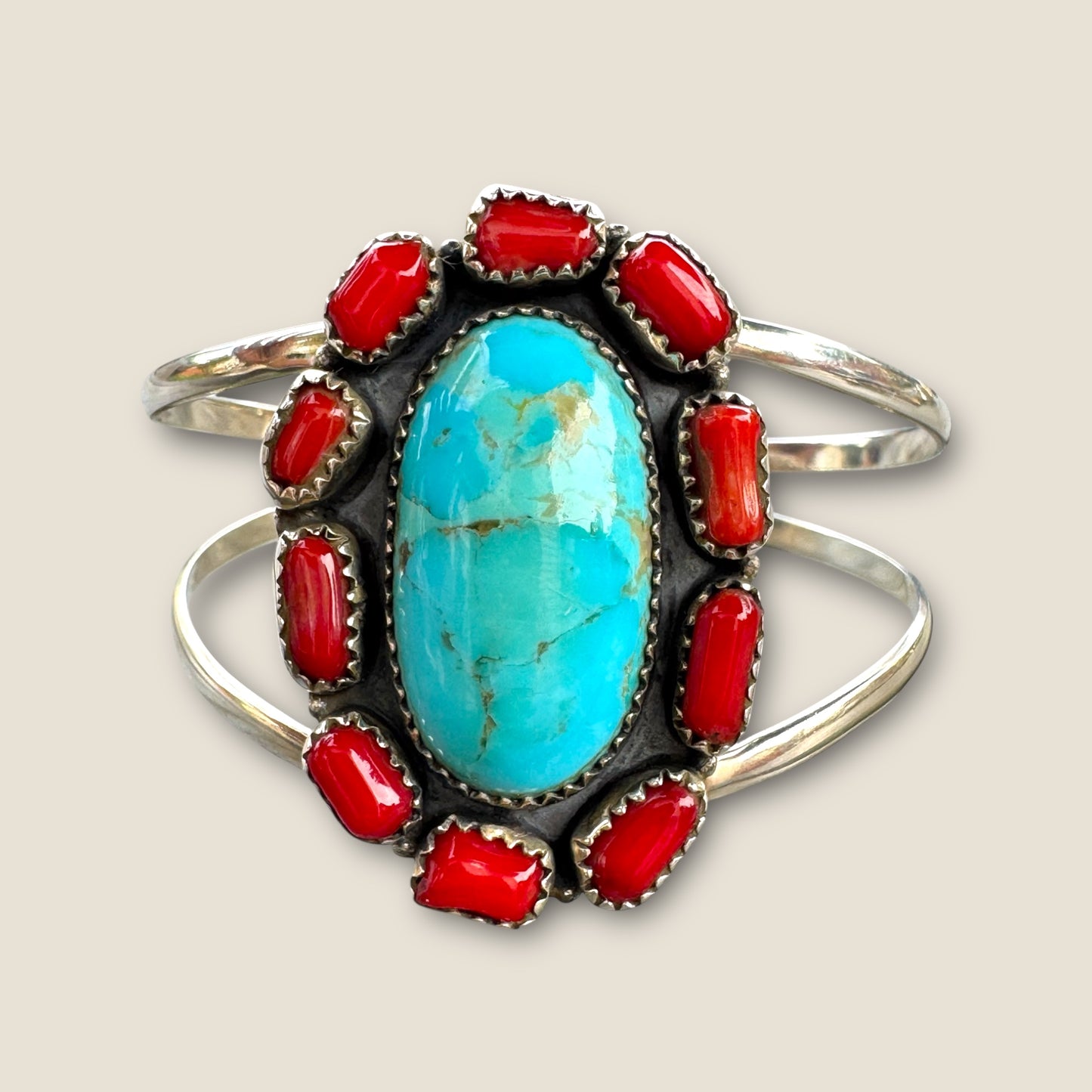 925 Sterling Silver Navajo Style Turquoise and Red Coral Cuff Bracelet