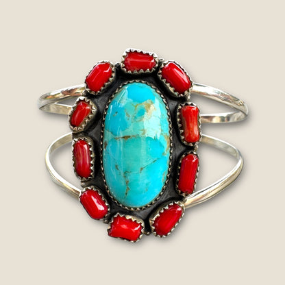 925 Sterling Silver Navajo Style Turquoise and Red Coral Cuff Bracelet