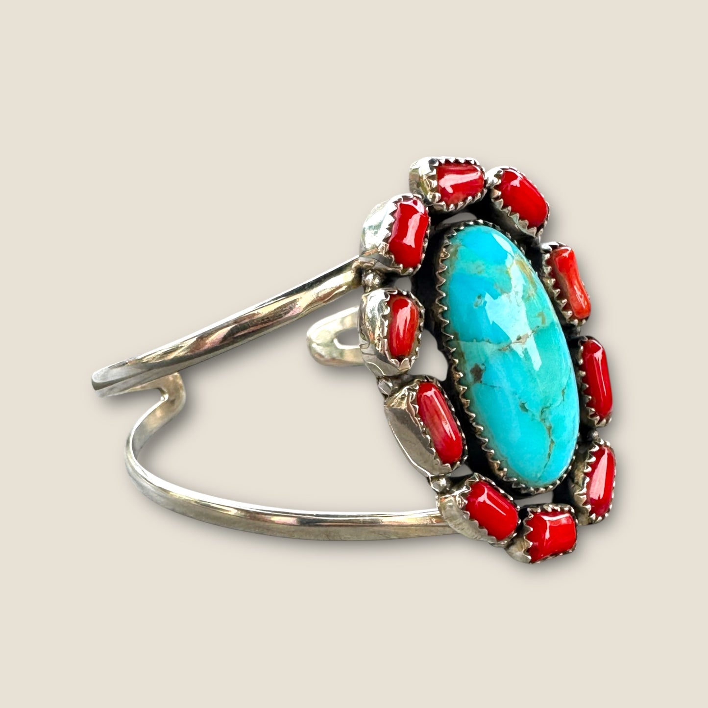 925 Sterling Silver Navajo Style Turquoise and Red Coral Cuff Bracelet