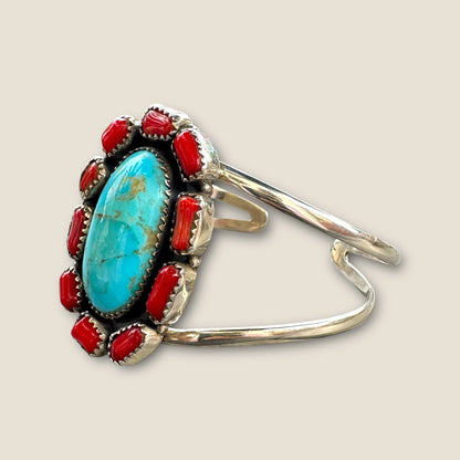 925 Sterling Silver Navajo Style Turquoise and Red Coral Cuff Bracelet