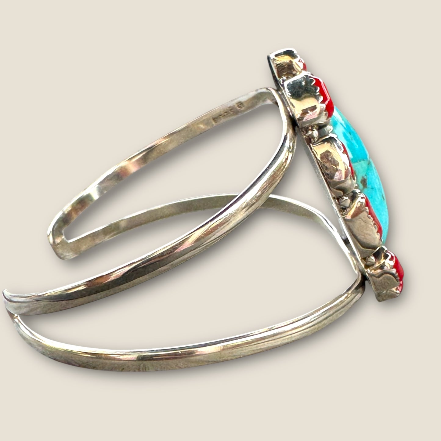 925 Sterling Silver Navajo Style Turquoise and Red Coral Cuff Bracelet