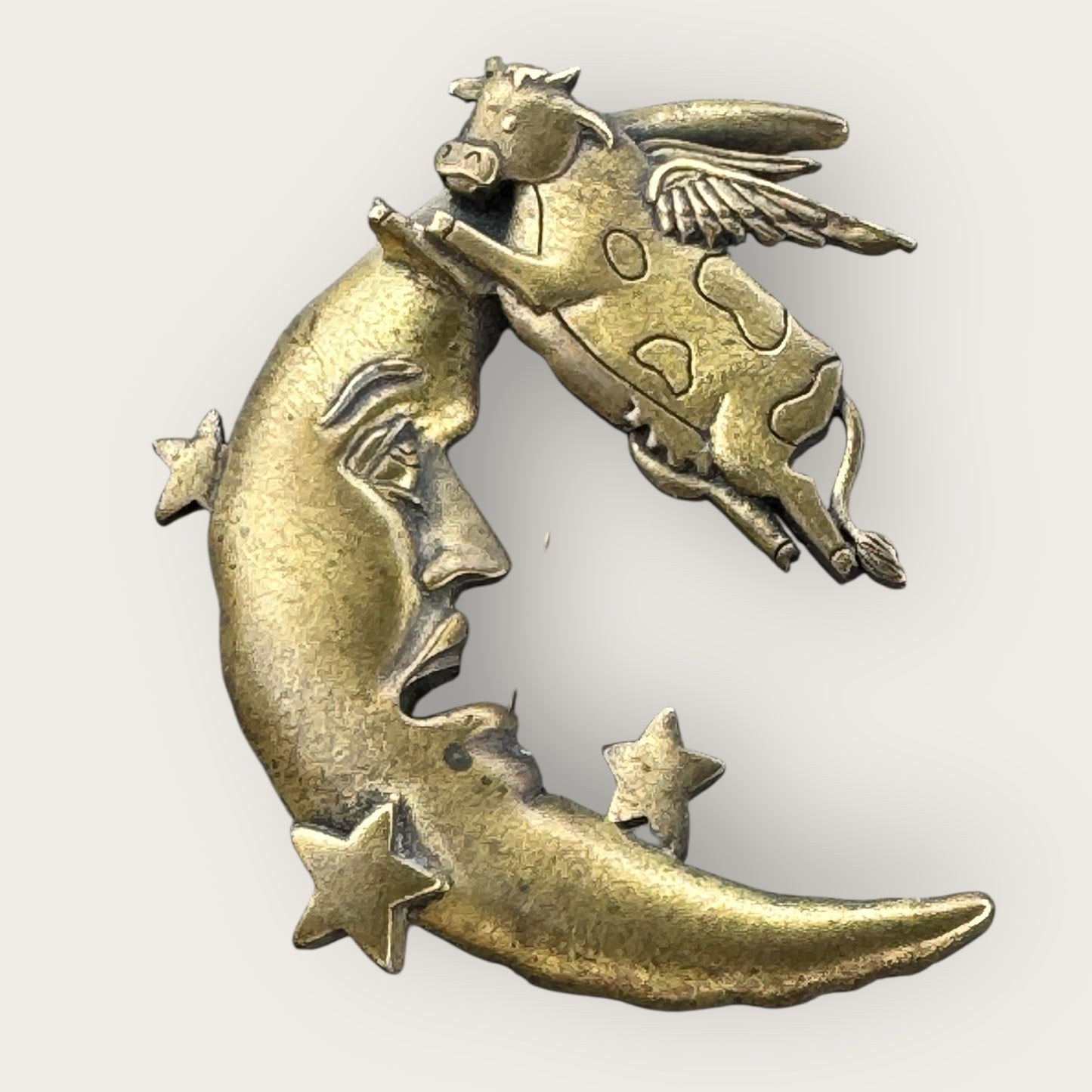 Signed JJ Cow Jumping Over the Moon Brooch – Antique Gold Brass Tone, 2.5