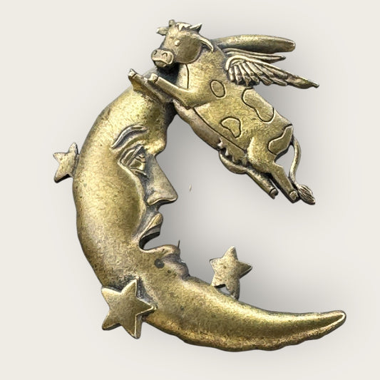 Signed JJ Cow Jumping Over the Moon Brooch – Antique Gold Brass Tone, 2.5