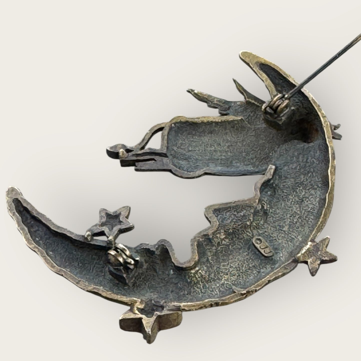 Signed JJ Cow Jumping Over the Moon Brooch – Antique Gold Brass Tone, 2.5