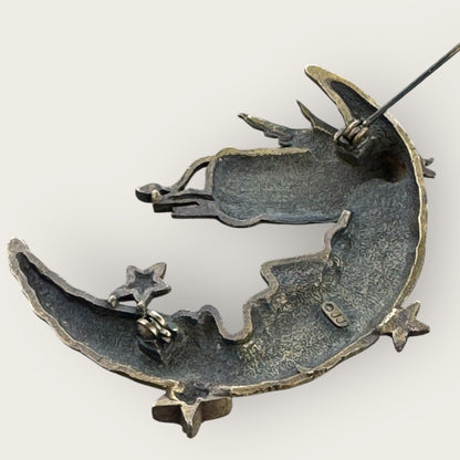 Signed JJ Cow Jumping Over the Moon Brooch – Antique Gold Brass Tone, 2.5