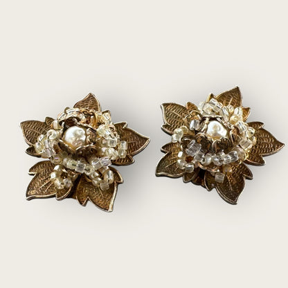 Vintage Miriam Haskell Gold-Tone Filigree Floral Clip-On Earrings with Pearls and Beads