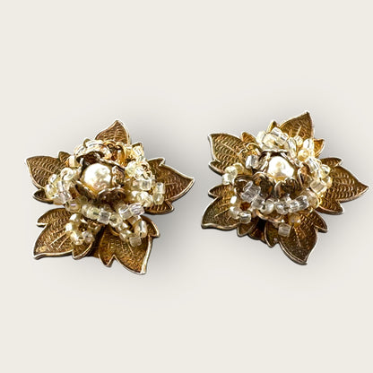 Vintage Miriam Haskell Gold-Tone Filigree Floral Clip-On Earrings with Pearls and Beads
