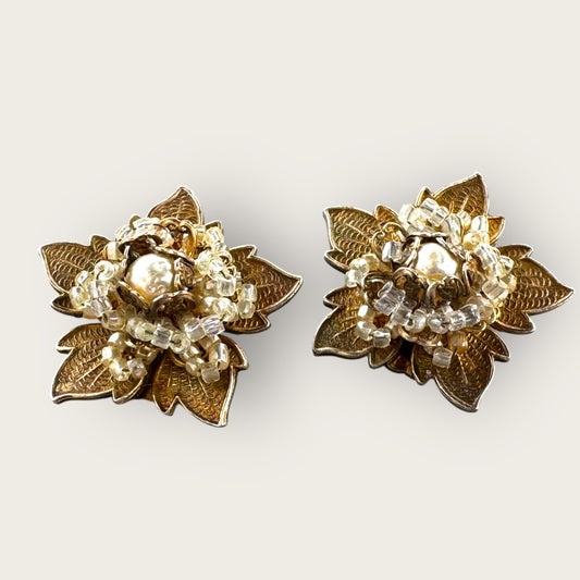 Vintage Miriam Haskell Gold-Tone Filigree Floral Clip-On Earrings with Pearls and Beads