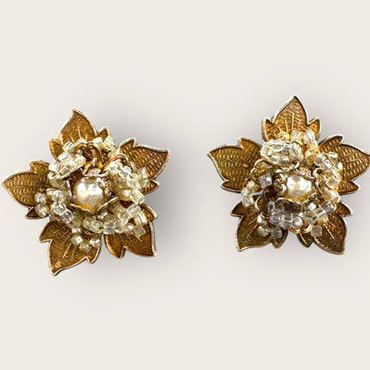 Vintage Miriam Haskell Gold-Tone Filigree Floral Clip-On Earrings with Pearls and Beads