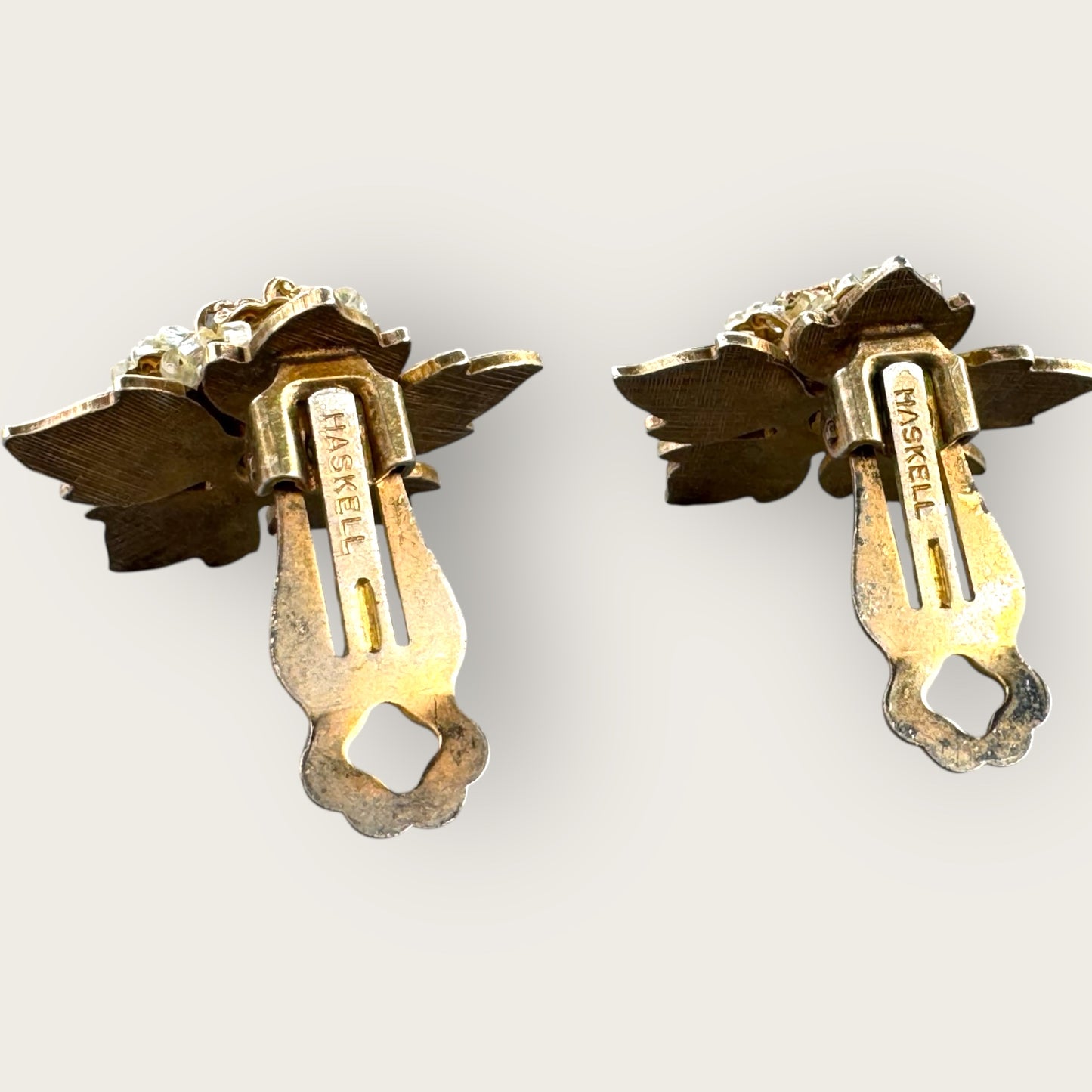 Vintage Miriam Haskell Gold-Tone Filigree Floral Clip-On Earrings with Pearls and Beads