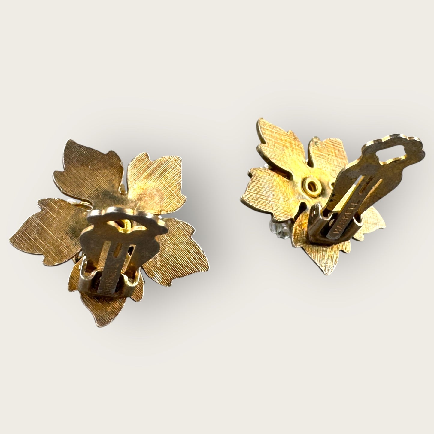 Vintage Miriam Haskell Gold-Tone Filigree Floral Clip-On Earrings with Pearls and Beads