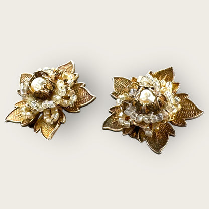 Vintage Miriam Haskell Gold-Tone Filigree Floral Clip-On Earrings with Pearls and Beads