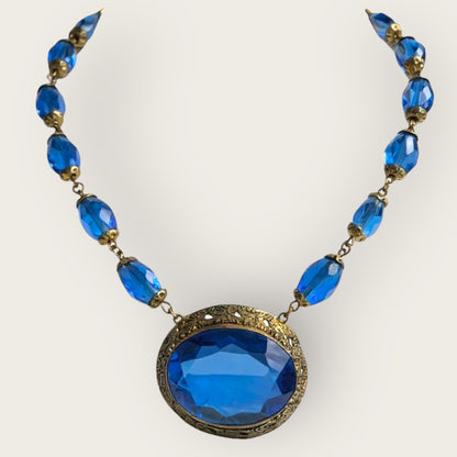 Antique Czech Blue Glass Filigree Choker Necklace – Czechoslovakia Vintage Jewelry