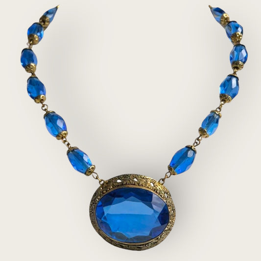 Antique Czech Blue Glass Filigree Choker Necklace – Czechoslovakia Vintage Jewelry