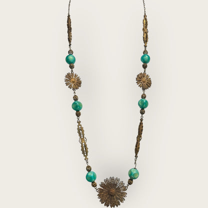 Antique 1920s Czech Green Glass & Brass Filigree Sautoir Necklace – Rare Collector’s Piece