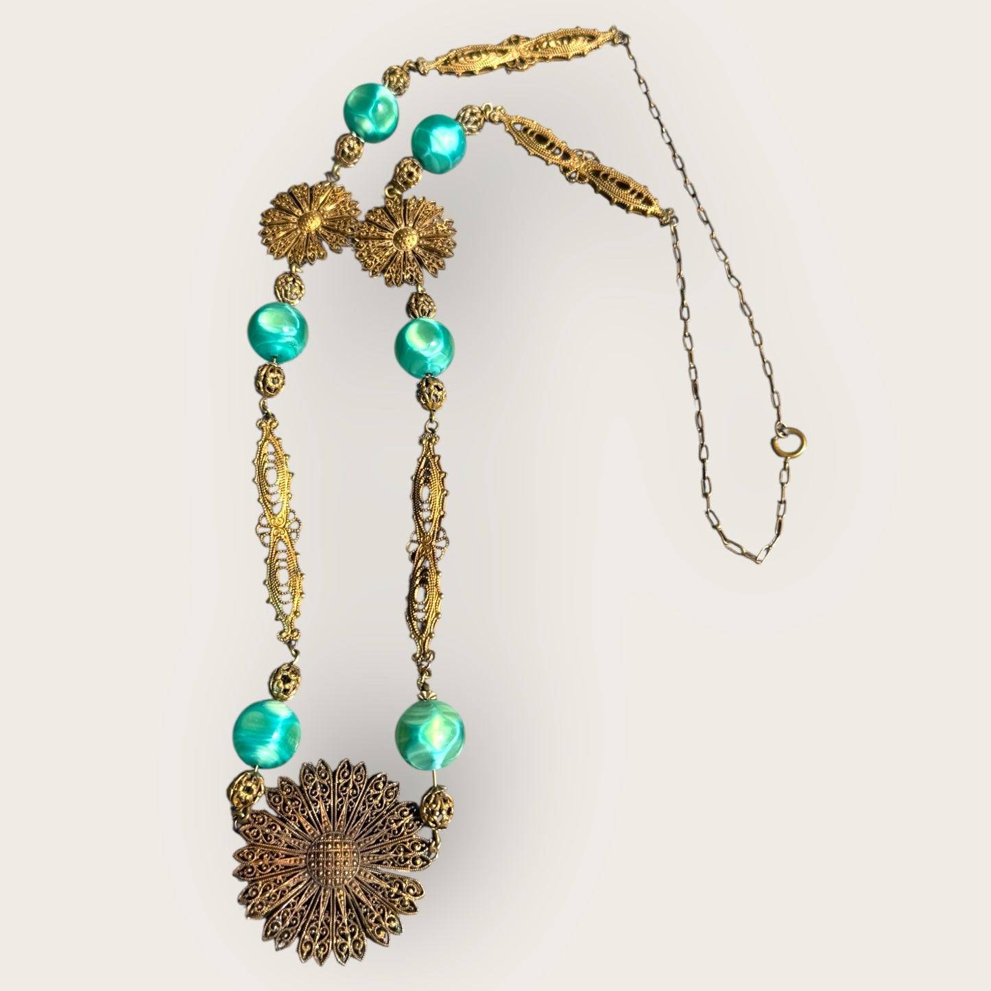 Antique 1920s Czech Green Glass & Brass Filigree Sautoir Necklace – Rare Collector’s Piece