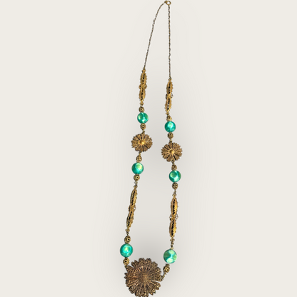 Antique 1920s Czech Green Glass & Brass Filigree Sautoir Necklace – Rare Collector’s Piece