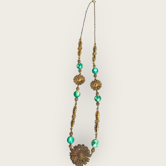 Antique 1920s Czech Green Glass & Brass Filigree Sautoir Necklace – Rare Collector’s Piece