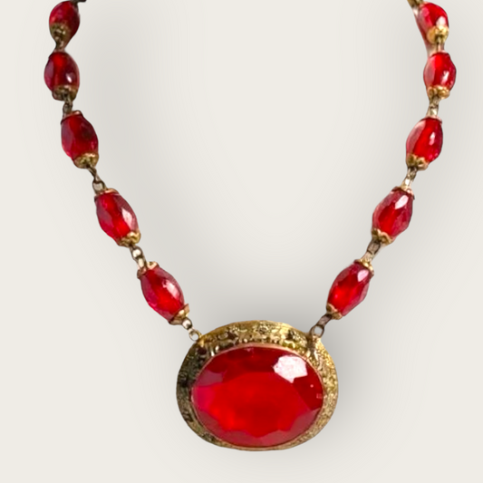 Antique Czech Red Glass Filigree Choker Necklace – Czechoslovakia Vintage Jewelry