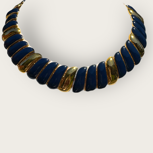 Navy Blue and Gold-Tone Articulated Choker Necklace – Signed Monet