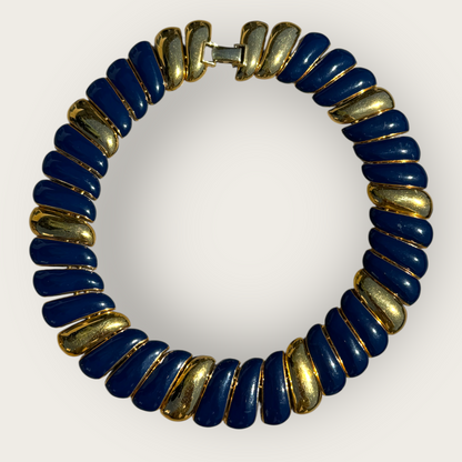 Navy Blue and Gold-Tone Articulated Choker Necklace – Signed Monet