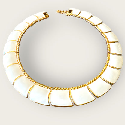Vintage Monet Cream Enamel and Gold-Tone Articulated Collar Necklace – Signed Statement Choker