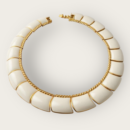 Vintage Monet Cream Enamel and Gold-Tone Articulated Collar Necklace – Signed Statement Choker