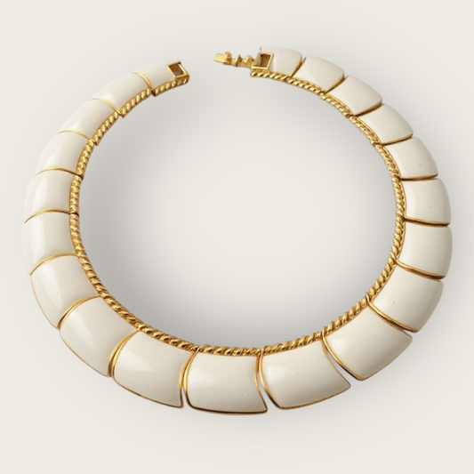 Vintage Monet Cream Enamel and Gold-Tone Articulated Collar Necklace – Signed Statement Choker