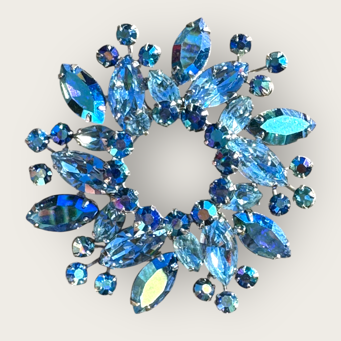 Vintage Signed Sherman Blue Aurora Borealis Rhinestone Wreath Brooch – Canadian Mid-Century Costume Jewelry