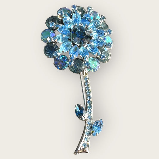 Vintage Signed Weiss Blue Aurora Borealis Rhinestone Flower Brooch