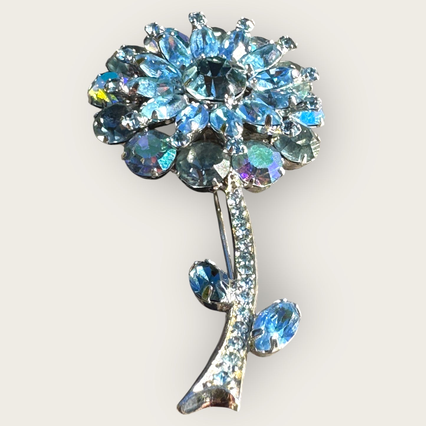 Vintage Signed Weiss Blue Aurora Borealis Rhinestone Flower Brooch