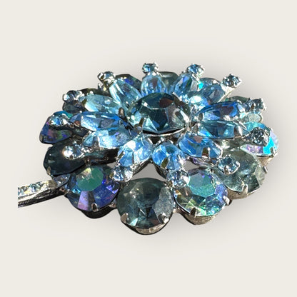 Vintage Signed Weiss Blue Aurora Borealis Rhinestone Flower Brooch