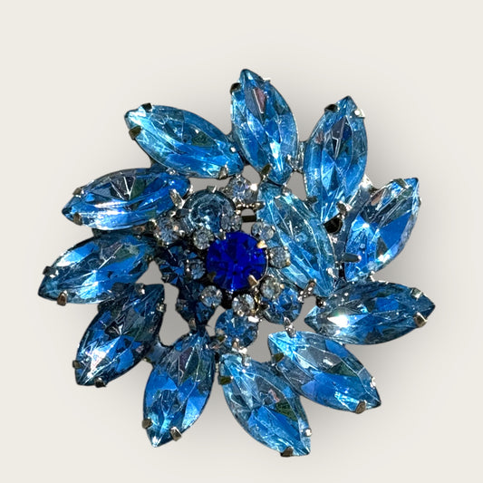 Vintage Verified Juliana Blue Rhinestone Brooch – Layered Navette & Round Stones