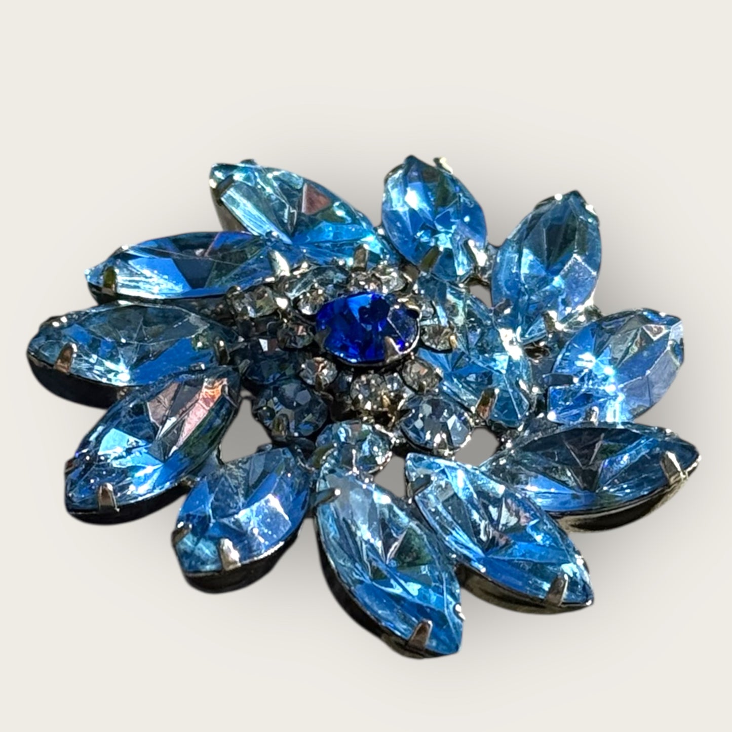 Vintage Verified Juliana Blue Rhinestone Brooch – Layered Navette & Round Stones