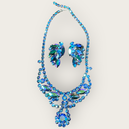 Mid-CenturyMid-Century Sapphire Blue Aurora Borealis Rhinestone Necklace & Earring Set – 1950s Runway Statement Jewelry