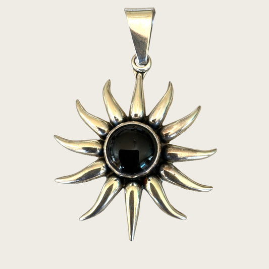Sterling Silver Sunburst Pendant with Black Onyx – 22.52g – Signed 925