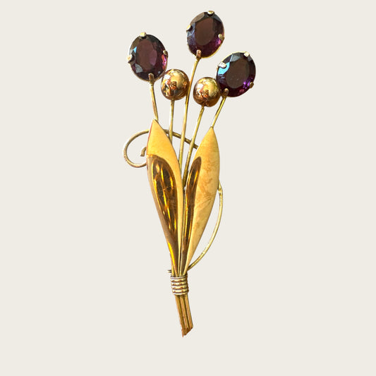 Floral Spray Brooch with Purple Glass Stones – Signed 1/20 12K Gold-Filled