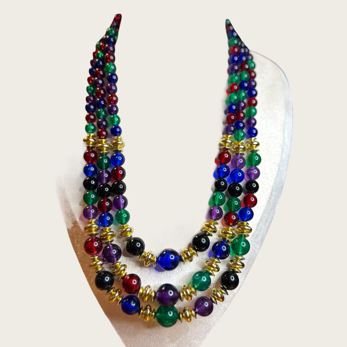 Vintage Triple-Strand Lucite Beaded Necklace – Red, Blue, Green with Gold-Tone Accents